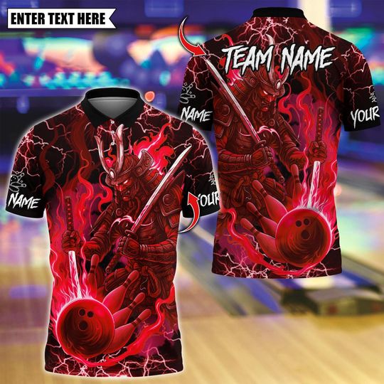 Discover Custom Bowling Polo Shirt, Burning Oni Samurai Bowling Design, Personalized Bowling Polo for Men Women, Personalized Name Team 3D Shirt