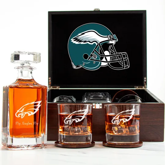 Discover Philadelphia Eagles - Engraved Football Whiskey Decanter 2 Glasses In Wood Box