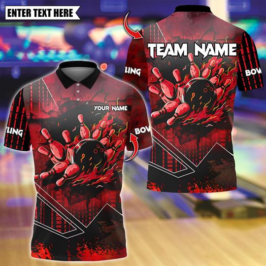 Discover Custom Bowling Polo Shirt, Flame Bowling Design, Personalized Bowling Polo for Men Women, Personalized Name Team 3D Shirt