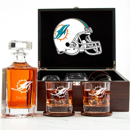 Discover Miami Dolphins - Engraved Football Whiskey Decanter 2 Glasses In Wood Box NFL120