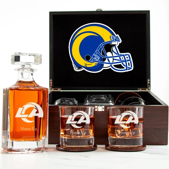 Discover Los Angeles Rams - Engraved Football Whiskey Decanter 2 Glasses In Wood Box