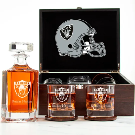 Discover Las Vegas Raiders - Engraved Football Whiskey Decanter and 2 Glasses In Wood Box