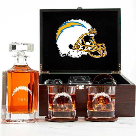 Discover Los Angeles Chargers - Engraved Football Whiskey Decanter 2 Glasses In Wood Box