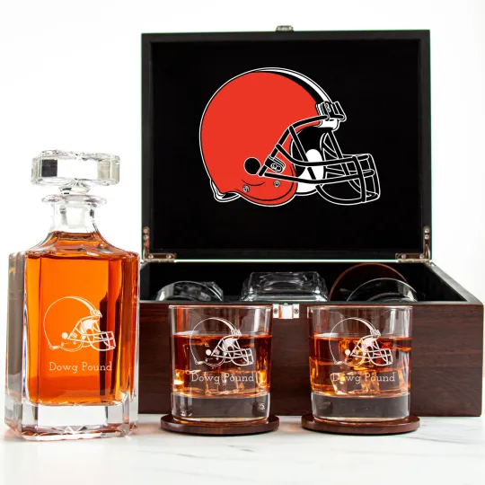 Discover Cleveland Browns - Engraved Football Whiskey Decanter and 2 Glasses In Wood Box