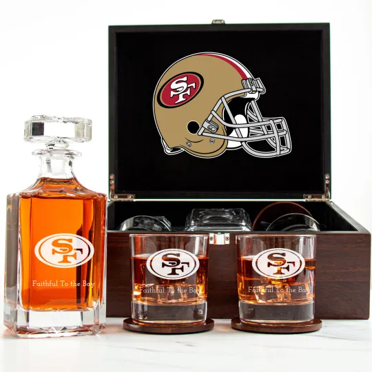 Discover San Francisco 49ers - Engraved Football Whiskey Decanter 2 Glasses In Wood Box