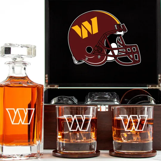 Discover Washington Commanders - Engraved Football Whiskey Decanter 2 Glasses In Wood Box