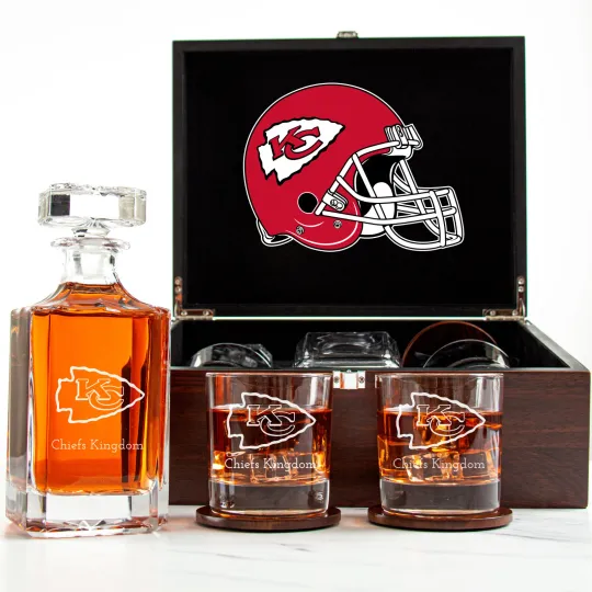 Discover Kansas City Chiefs - Engraved Football Whiskey Decanter 2 Glasses In Wood Box
