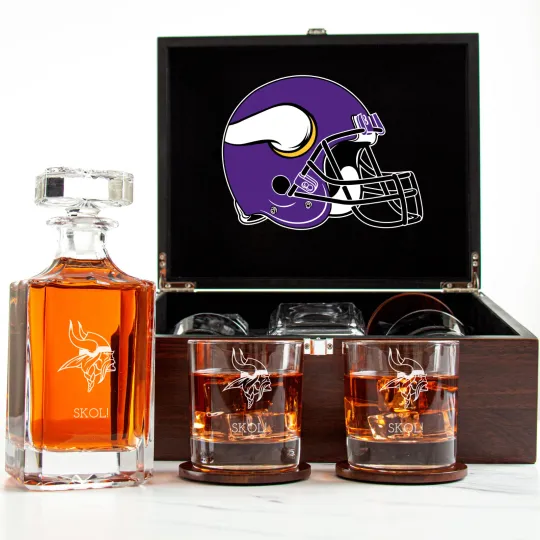 Discover Minnesota Vikings - Engraved Football Whiskey Decanter 2 Glasses In Wood Box