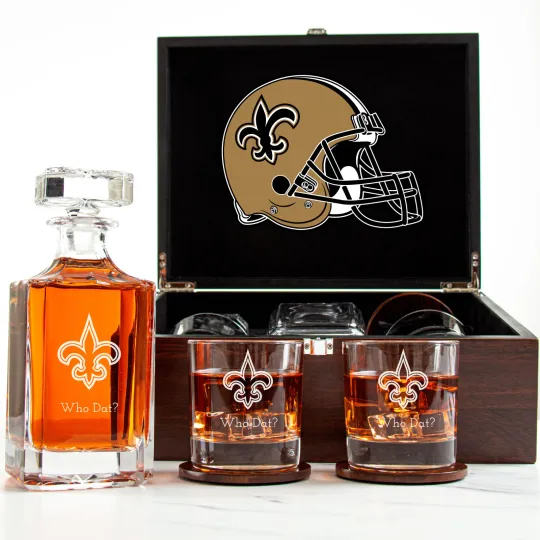 Discover New Orleans Saints - Engraved Football Whiskey Decanter 2 Glasses In Wood Box