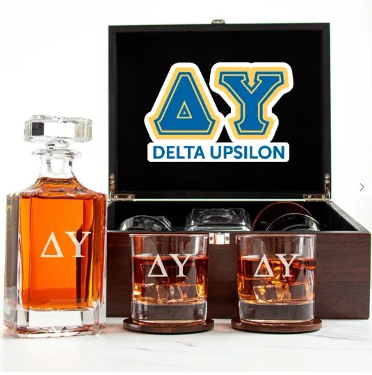 Discover Delta Upsilon - Fraternity Decanter and 2 Glasses In Wood Box Set