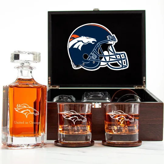 Discover Denver Broncos - Engraved Football Whiskey Decanter and 2 Glasses In Wood Box
