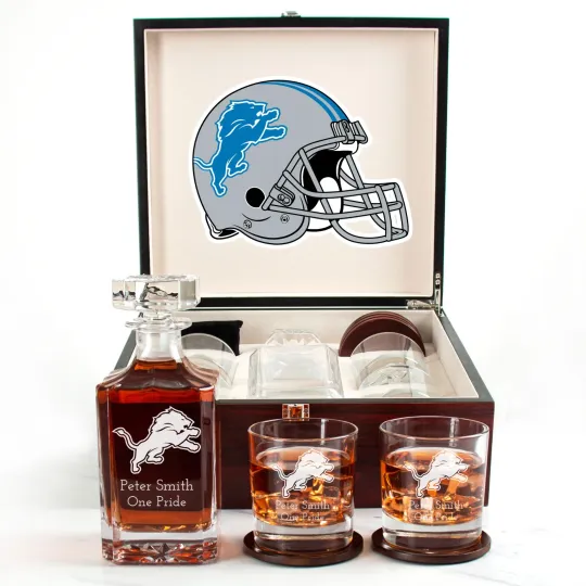 Discover Detroit Lions - Engraved Football Whiskey Decanter and 4 Glasses In Woodbox