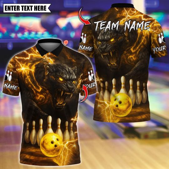 Discover Custom Bowling Polo Shirt, Black Panther Lightning Bowling Design, Personalized Bowling Polo for Men Women, Personalized Name Team 3D Shirt