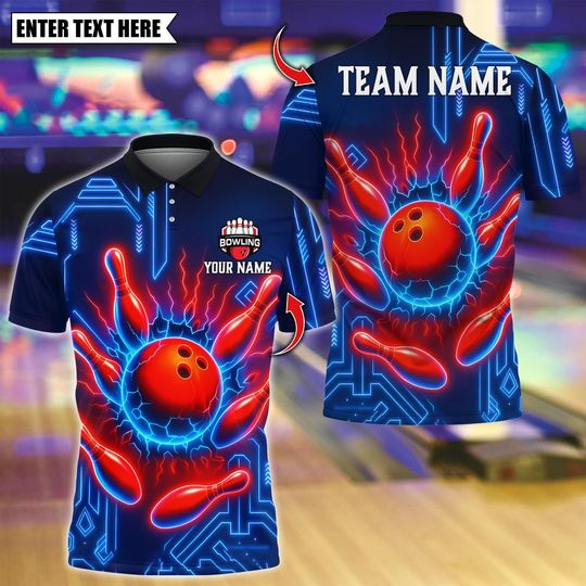 Discover Custom Bowling Polo Shirt, Electric Strike Red Bowling Ball Design, Personalized Bowling Polo for Men Women, Personalized Name Team 3D Shirt