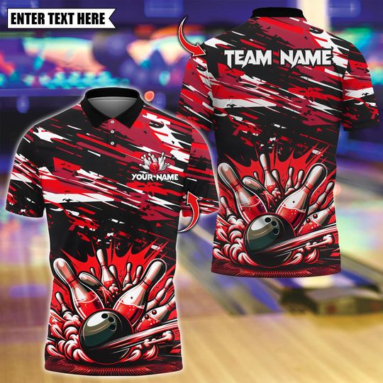 Discover Custom Bowling Polo Shirt, Bowling And Pins Design, Personalized Bowling Polo for Men Women, Personalized Name Team 3D Shirt