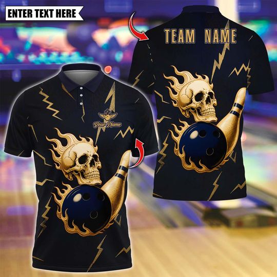 Discover Custom Bowling Polo Shirt, Metal Skull Bowling Design, Personalized Bowling Polo for Men Women, Personalized Name Team 3D Shirt
