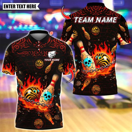 Discover Custom Bowling Polo Shirt, Flame Skull Bowling Design, Personalized Bowling Polo for Men Women, Personalized Name Team 3D Shirt