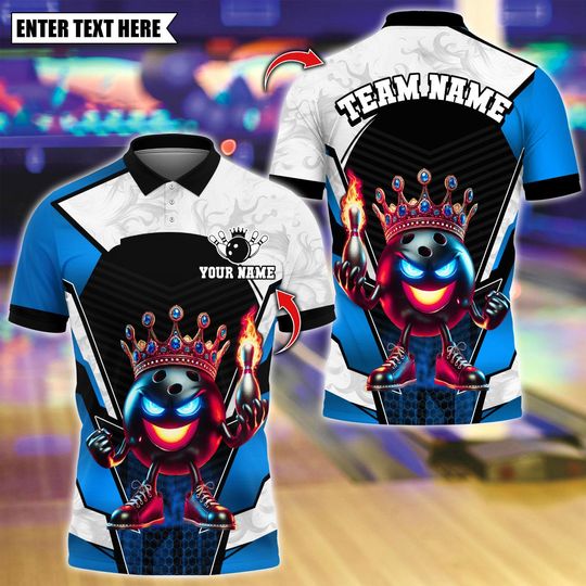 Discover Custom Bowling Polo Shirt, Crown Flame Ball Black Gold Design, Personalized Bowling Polo for Men Women, Personalized Name Team 3D Shirt
