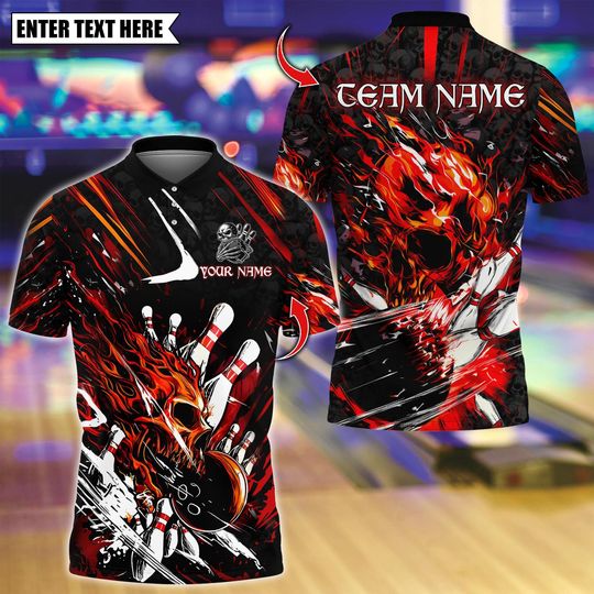Discover Custom Bowling Polo Shirt, Flame Skull Strike With Bowling Design, Personalized Bowling Polo for Men Women, Personalized Name Team 3D Shirt