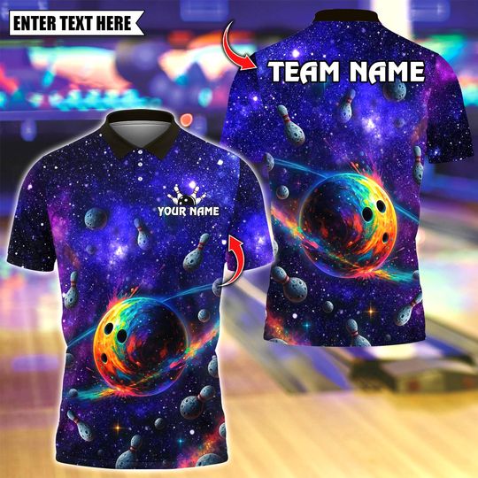 Discover Custom Bowling Polo Shirt, Galactic Universe With Bowling Design, Personalized Bowling Polo for Men Women, Personalized Name Team 3D Shirt