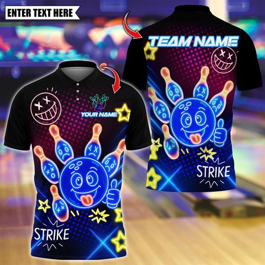 Discover Custom Bowling Polo Shirt, Neon Bowling Ball Strike Funny Design, Personalized Bowling Polo for Men Women, Personalized Name Team 3D Shirt