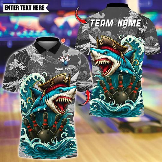 Discover Custom Bowling Polo Shirt, Shark Pirate With Bowling And Pins Design,Personalized Bowling Polo for Men Women,Personalized Name Team 3D Shirt