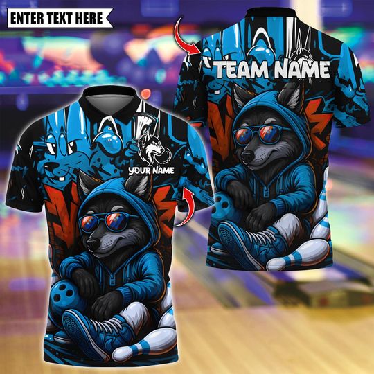 Discover Custom Bowling Polo Shirt, Graffiti Wolf Streetwear Design, Personalized Bowling Polo for Men Women, Personalized Name Team 3D Shirt