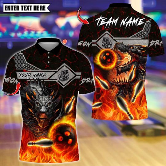 Discover Custom Bowling Polo Shirt, Fire Dragon With Bowling Design, Personalized Bowling Polo for Men Women, Personalized Name Team 3D Shirt