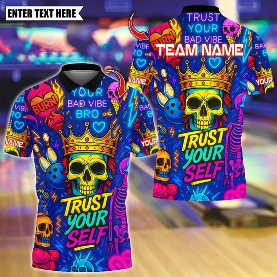Discover Custom Bowling Polo Shirt, Bowling And Pins Neon Skull Vibes Design, Personalized Bowling Polo for Men Women,Personalized Name Team 3D Shirt