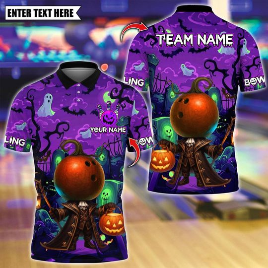 Discover Custom Bowling Polo Shirt, Halloween Bowling With Pumpkin Design, Personalized Bowling Polo for Men Women, Personalized Name Team 3D Shirt