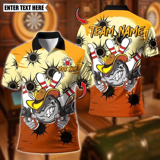 Discover Custom Bowling Polo Shirt, Cowboy Bowling With Bullet Holes Design, Personalized Bowling Polo for Men Women,Personalized Name Team 3D Shirt