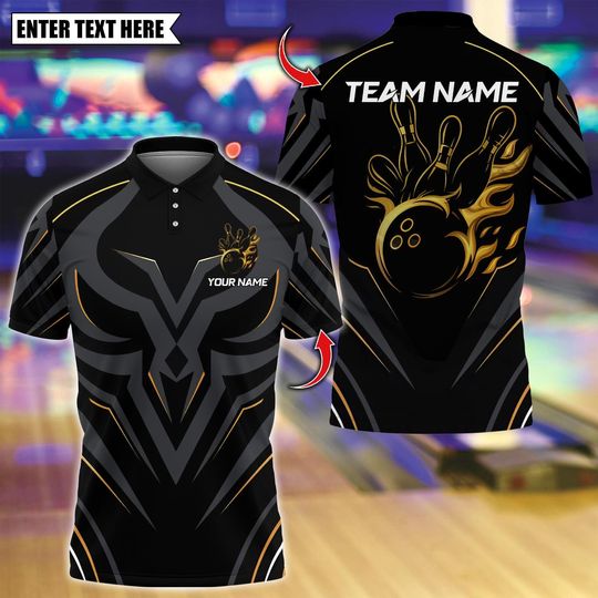 Discover Custom Bowling Polo Shirt, Golden Royal Flame Design, Personalized Bowling Polo for Men Women, Personalized Name Team 3D Shirt