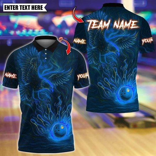 Discover Custom Bowling Polo Shirt, Bowling And Pins Eagle Neon Design, Personalized Bowling Polo for Men Women, Personalized Name Team 3D Shirt