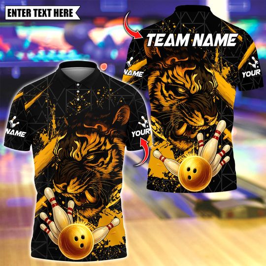 Discover Custom Bowling Polo Shirt, Tiger Golden Ball Striking Design, Personalized Bowling Polo for Men Women,Personalized Name Team 3D Shirt