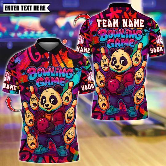 Discover Custom Bowling Polo Shirt, Panda Cartoon With Bowling Design, Personalized Bowling Polo for Men Women, Personalized Name Team 3D Shirt