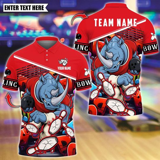 Discover Custom Bowling Polo Shirt, Rhino With Bowling Design, Personalized Bowling Polo for Men Women, Personalized Name Team 3D Shirt