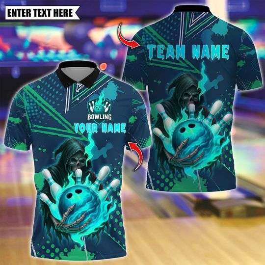 Discover Custom Bowling Polo Shirt, Grim Reaper Skull Design, Personalized Bowling Polo for Men & Women,Personalized Name Team 3D Shirt, Gift For Man
