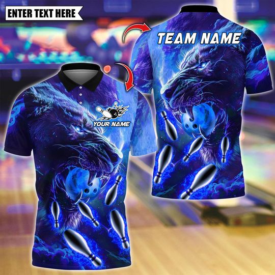 Discover Custom Bowling Polo Shirt, Flame Super Lion With Bowling Design, Personalized Bowling Polo for Men Women,Personalized Name Team 3D Shirt