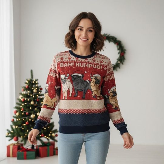 Pug Dog Christmas Ugly Sweater, Bah HumPug Holiday Sweater, Pet Lover Sweater For Men And Women, Xmas Gift
