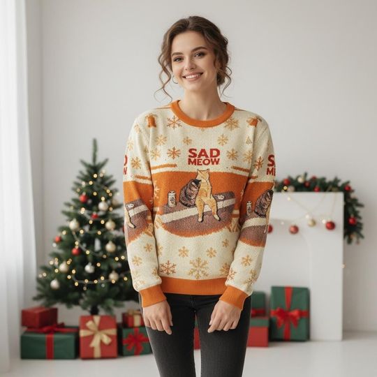 Cat Smoking Christmas Ugly Sweater, Funny Holiday Sweater, Sad Meow Christmas Sweater For Men And Women, Unique Gift