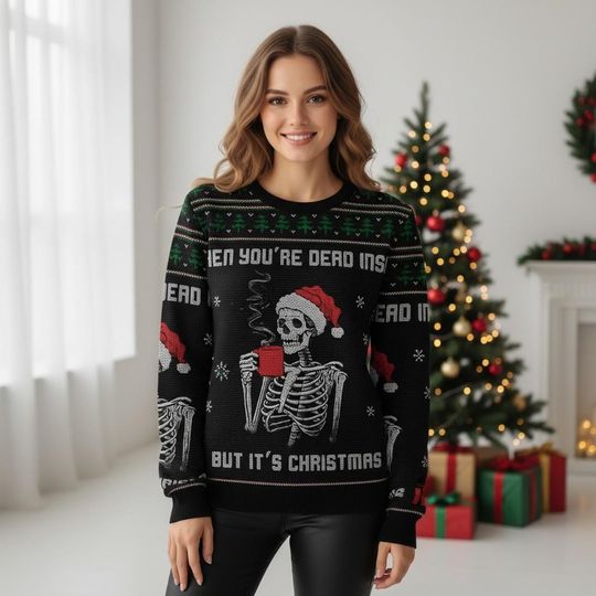 Discover Skeleton Drinking Christmas Ugly Sweater, Funny Holiday Sweater, Skully Sweater For Men And Women, Christmas Gift