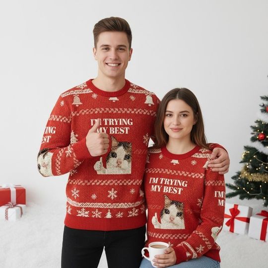 Discover Cat Meme Christmas Ugly Sweater, Cat Im Trying My Best Holiday Sweater, Cat Sweater For Men And Women, Xmas Gift
