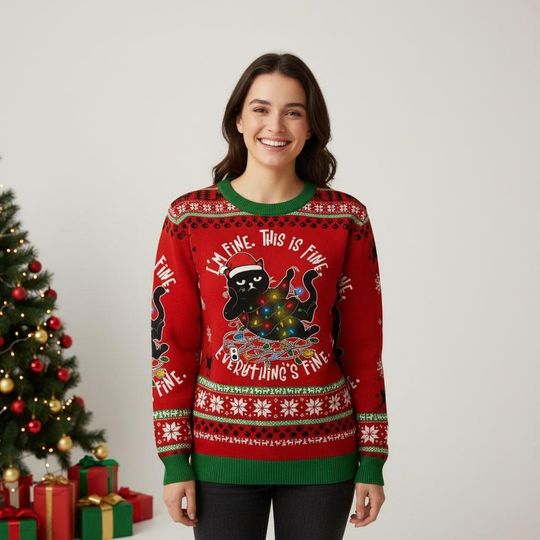 Funny Black Cat Christmas Ugly Sweater, I'm Fine Everything Is Fine Holiday Sweater, Cat Sweater For Men And Women, Xmas Gift
