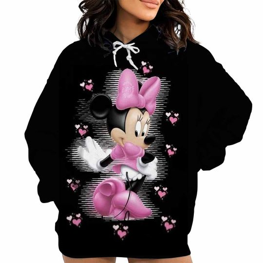 Discover Women Disney Minnie Mouse Hoodie Autumn/Winter Comfortable Long Sleeve Hoodie Cute Pink Heart Cartoon Pattern Casual Sweatshirt