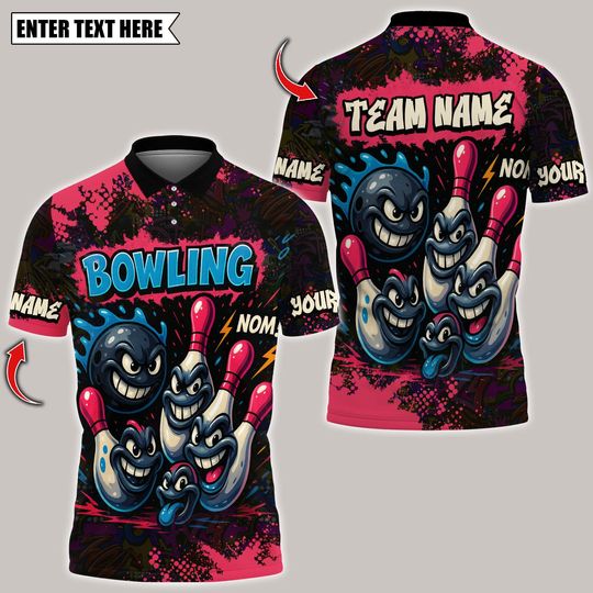 Discover Custom Bowling Polo Shirt, Bowling Cartoon Screaming Pins Street Design, Personalized Bowling Polo for Men, Personalized Name Team 3D Shirt