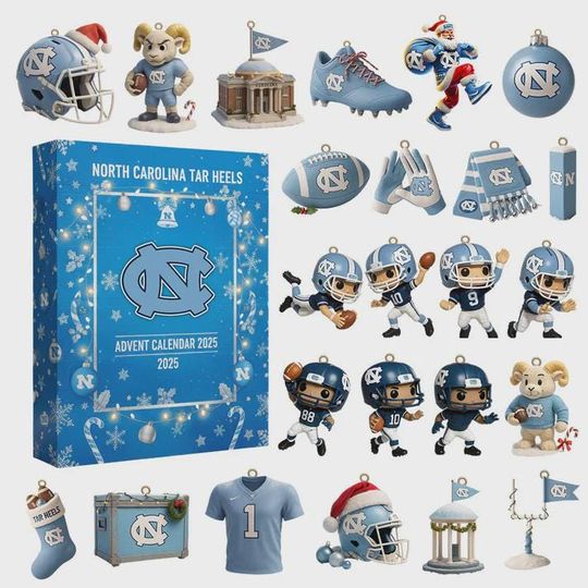 North Carolina Tar Heels Advent Calendar 2025, 24 Days of UNC Icon & NCAA Basketball Ornaments, Carolina Blue Alumni Gift Set