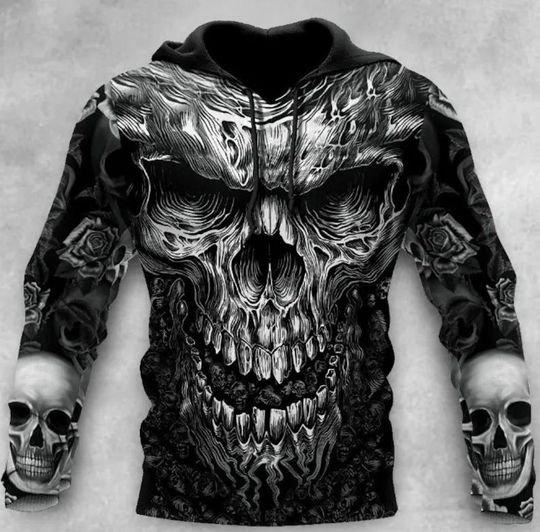 Discover Autumn Skull Art 3D Zipper Hoodie, Unisex Harajuku Streetwear Jacket, Gothic Skull Print Sweatshirt, Trendy Fall Outfit