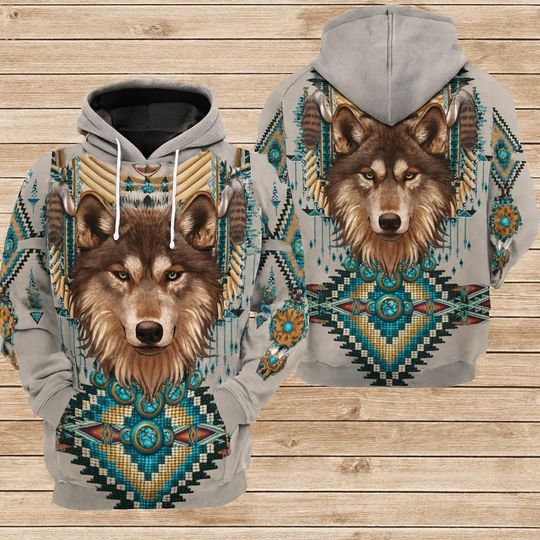 Discover Native Spirit Wolf Hoodie, Native American 3D All Over Print Unisex Pullover, Tribal Wolf Spirit Streetwear Gift