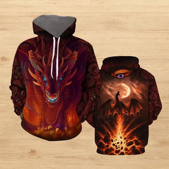 Discover Fantasy Dragon 3D Hoodie, Mythical Creature Graphic Pullover Sweatshirt with Big Pockets, Unisex Streetwear Hoodie Series
