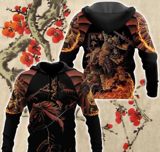 Japanese Samurai 3D Hoodie, Warrior Tattoo Style Streetwear, Warm Unisex Pullover Jacket for Autumn Winter, Unique Gift for Him Her